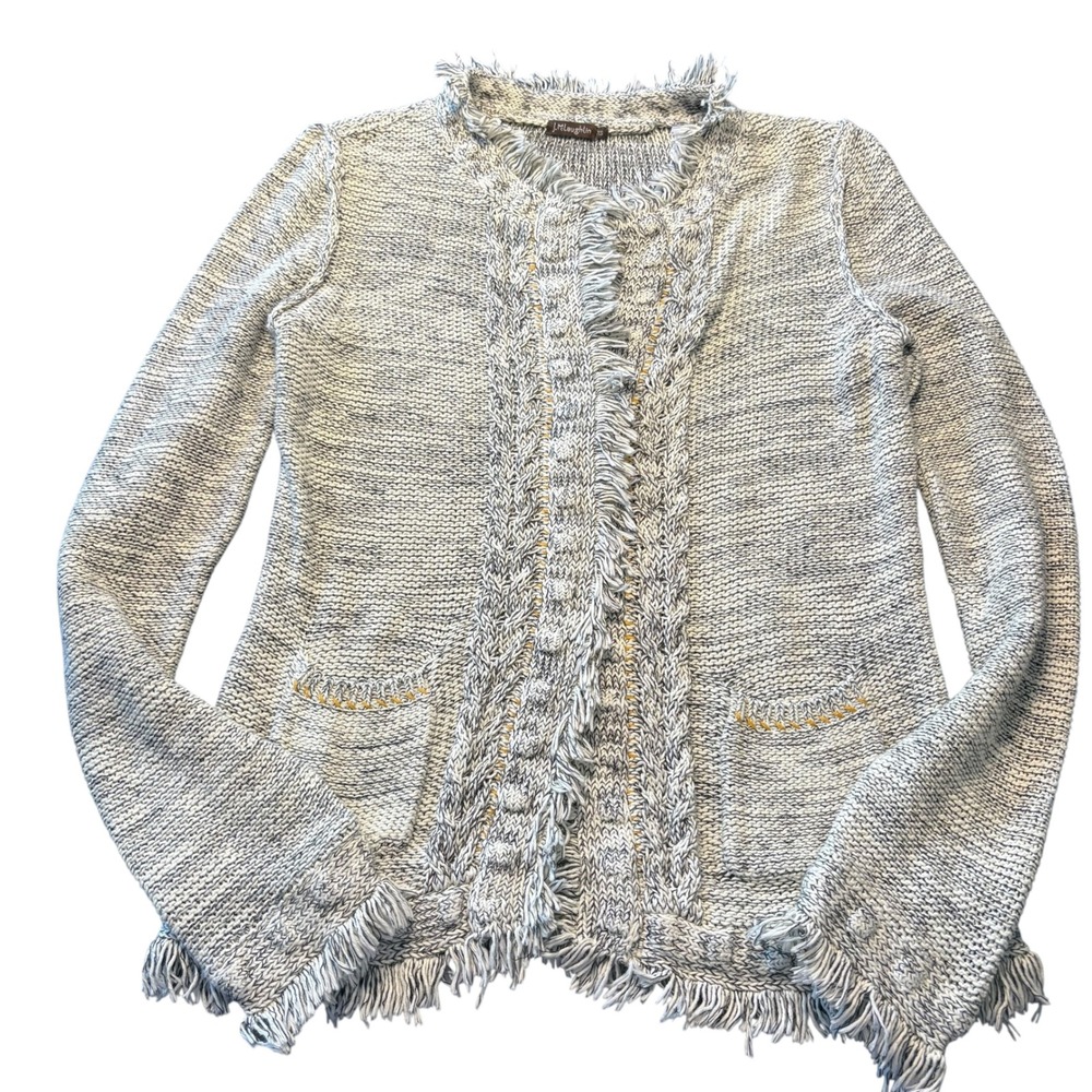 J. McLaughlin XS Fringed Cardigan Sweater Gray Knit Gold‎ Accents